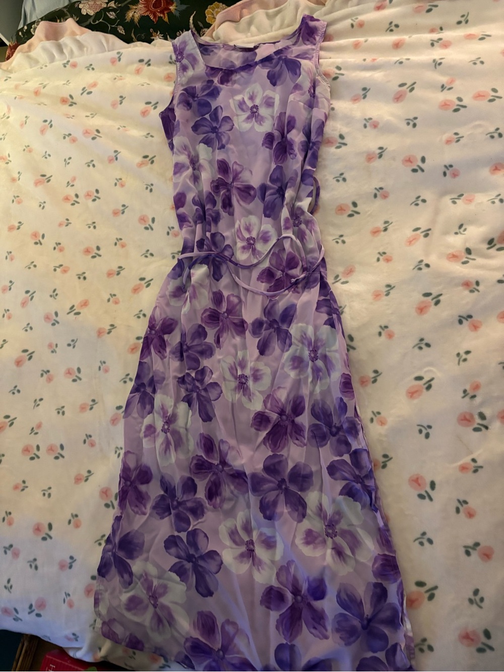 Sleeveless Purple Vintage Floral Maxi Dress with Tie Waist - Picture 2 of 4